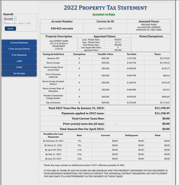 Harris County Property Tax Website